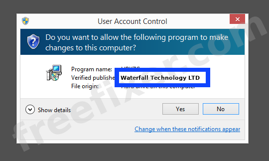 Screenshot where Waterfall Technology LTD appears as the verified publisher in the UAC dialog